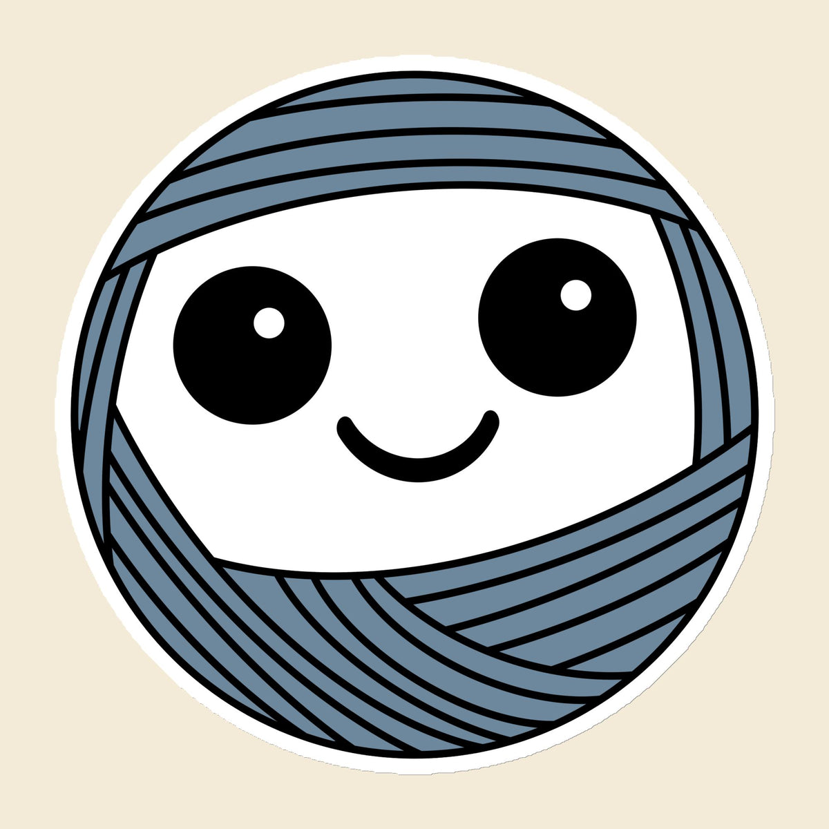 Boggle, a wide-eyed dusty blue Yarn Creature magnet, 6 × 6 in, on a cream background