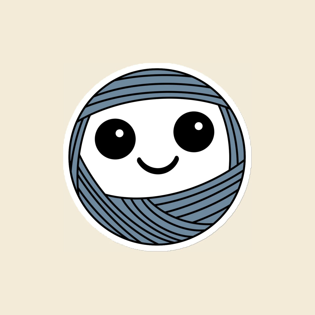 Boggle, a wide-eyed dusty blue Yarn Creature magnet, 4 × 4 in, on a cream background