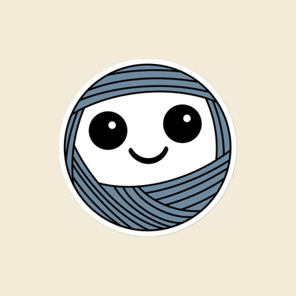 Boggle, a wide-eyed dusty blue Yarn Creature sticker, 4 × 4 in, on a cream background