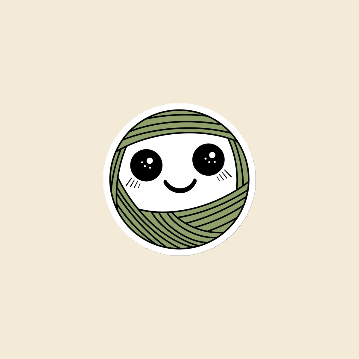 Pip, a sparkly-eyed, blushing sage green Yarn Creature magnet, 3 × 3 in, on a cream background
