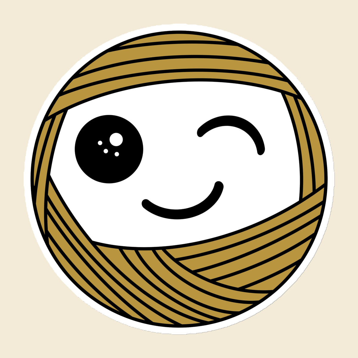 Wink, a winking mustard Yarn Creature magnet, 6 × 6 in, on a cream background