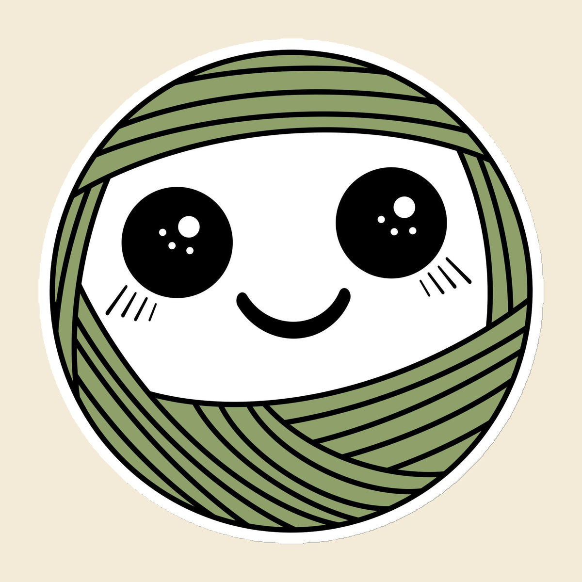 Pip, a sparkly-eyed, blushing sage green Yarn Creature magnet, 6 × 6 in, on a cream background