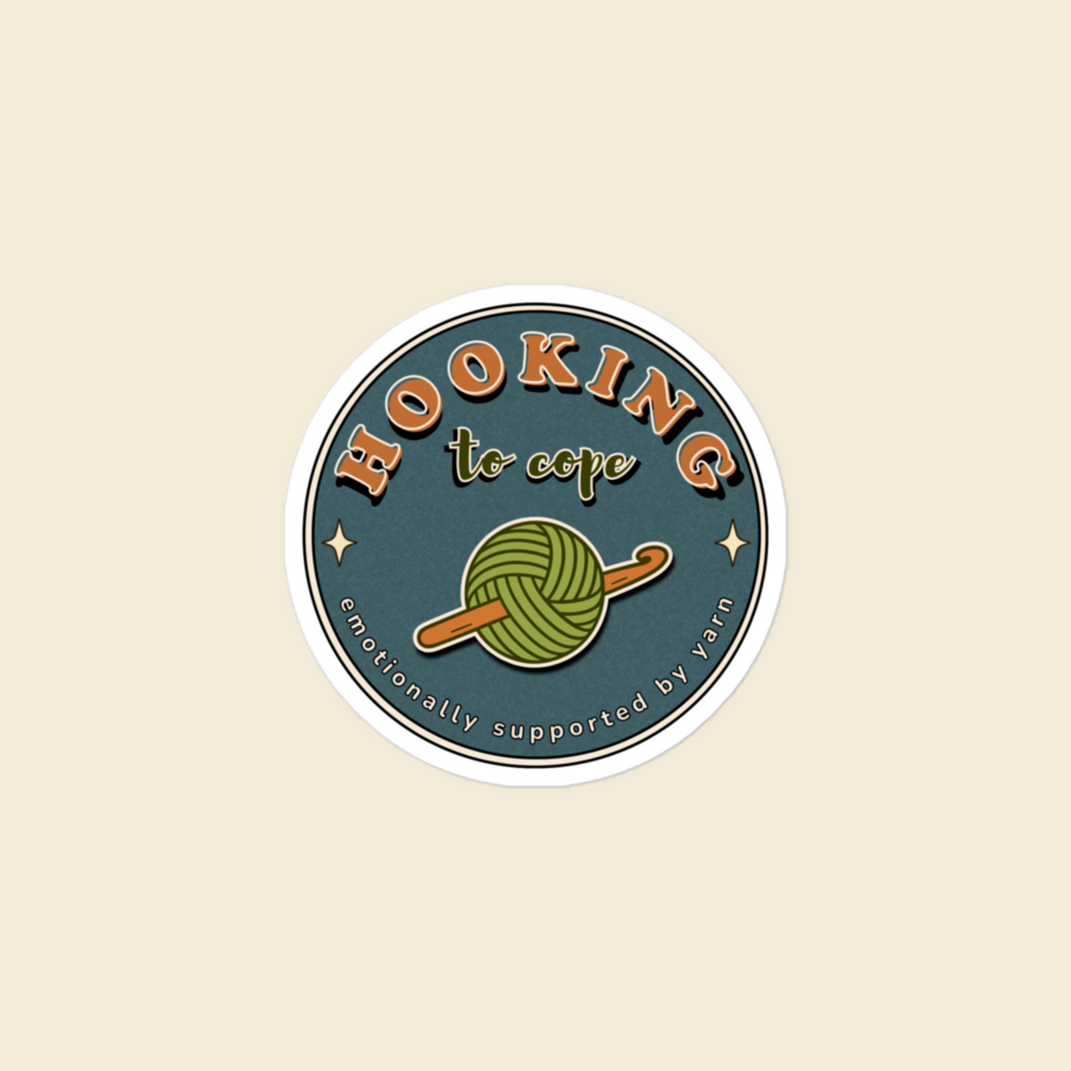 Hooking to Cope round crochet badge sticker with a yarn ball and hook, 3 × 3 in
