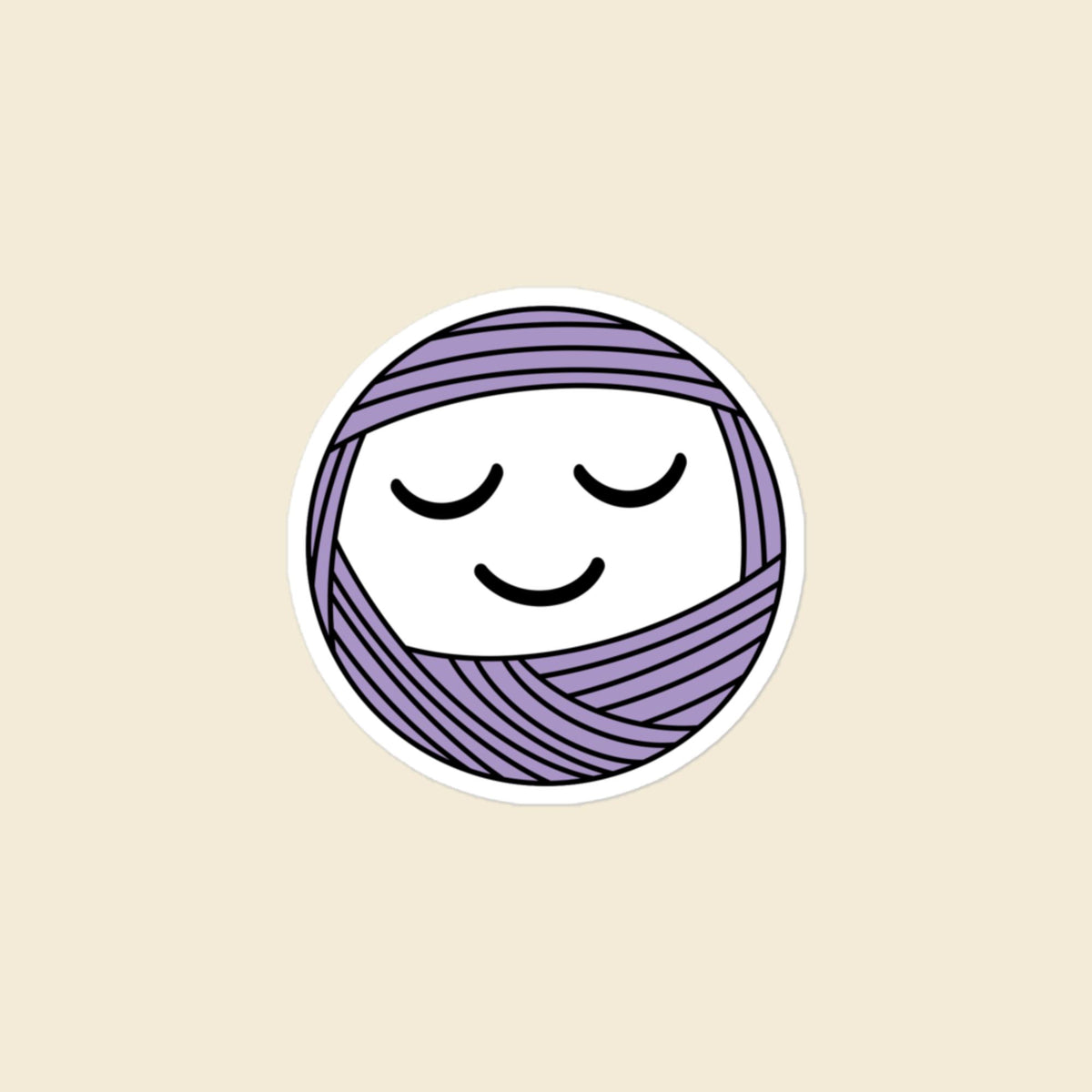 Snooze, a sleepy lavender Yarn Creature sticker, 3 × 3 in, on a cream background