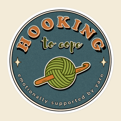 Hooking to Cope round crochet badge sticker with a yarn ball and hook, 5.5 × 5.5 in
