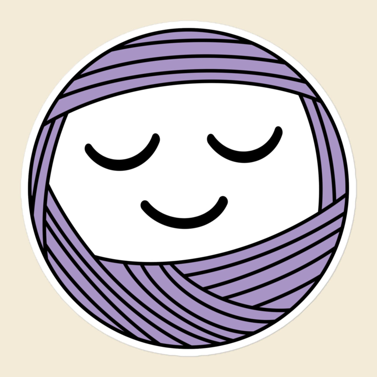 Snooze, a sleepy lavender Yarn Creature sticker, 5.5 × 5.5 in, on a cream background