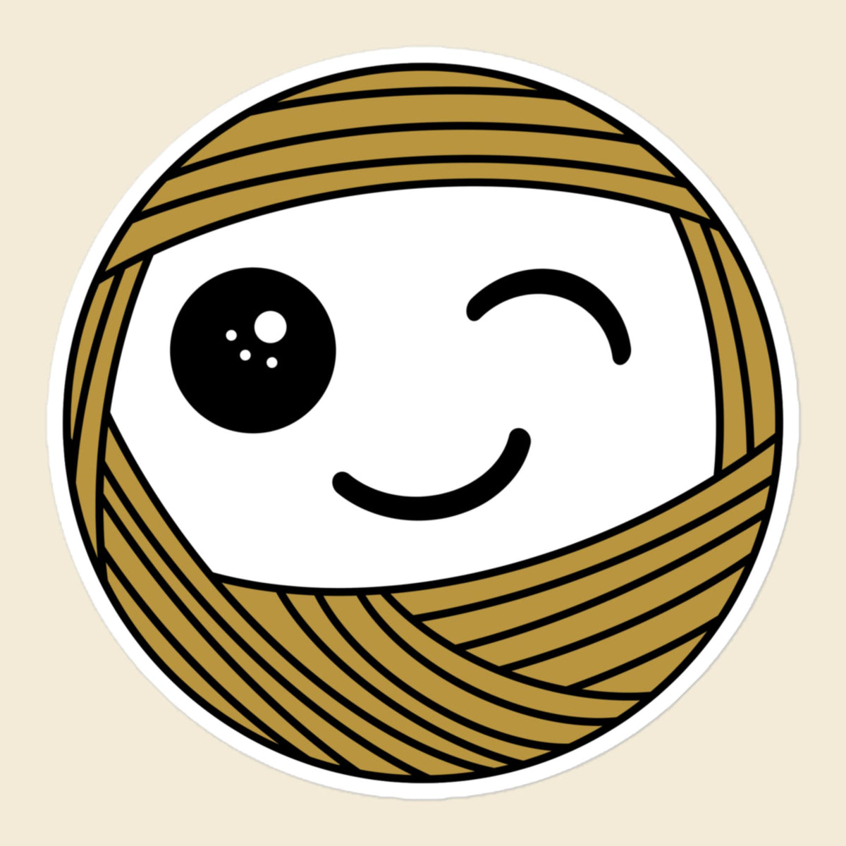Wink, a winking mustard Yarn Creature sticker, 5.5 × 5.5 in, on a cream background