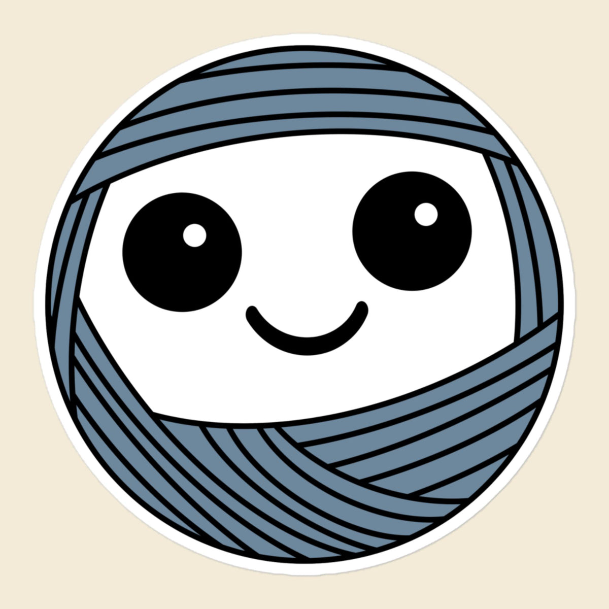 Boggle, a wide-eyed dusty blue Yarn Creature sticker, 5.5 × 5.5 in, on a cream background
