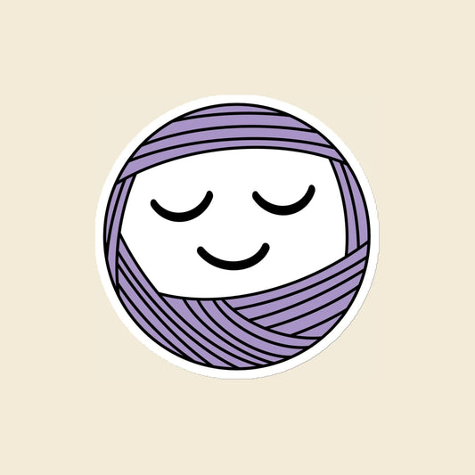 Snooze, a sleepy lavender Yarn Creature magnet, 4 × 4 in, on a cream background