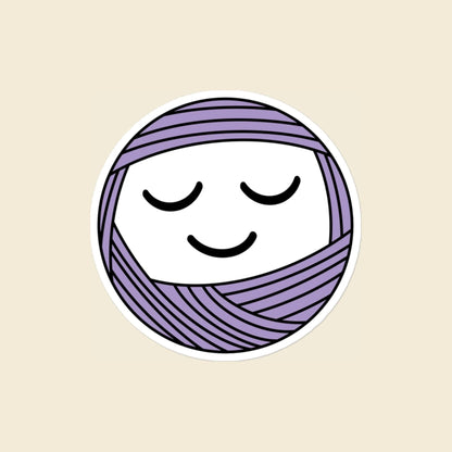 Snooze, a sleepy lavender Yarn Creature sticker, 4 × 4 in, on a cream background