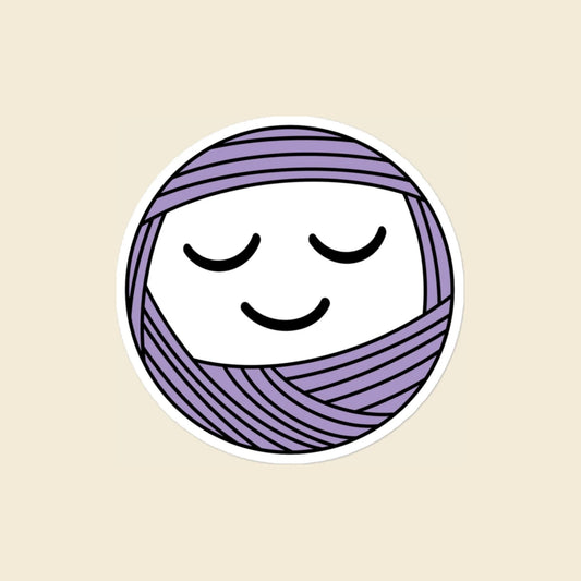 Snooze, a sleepy lavender Yarn Creature sticker, 4 × 4 in, on a cream background