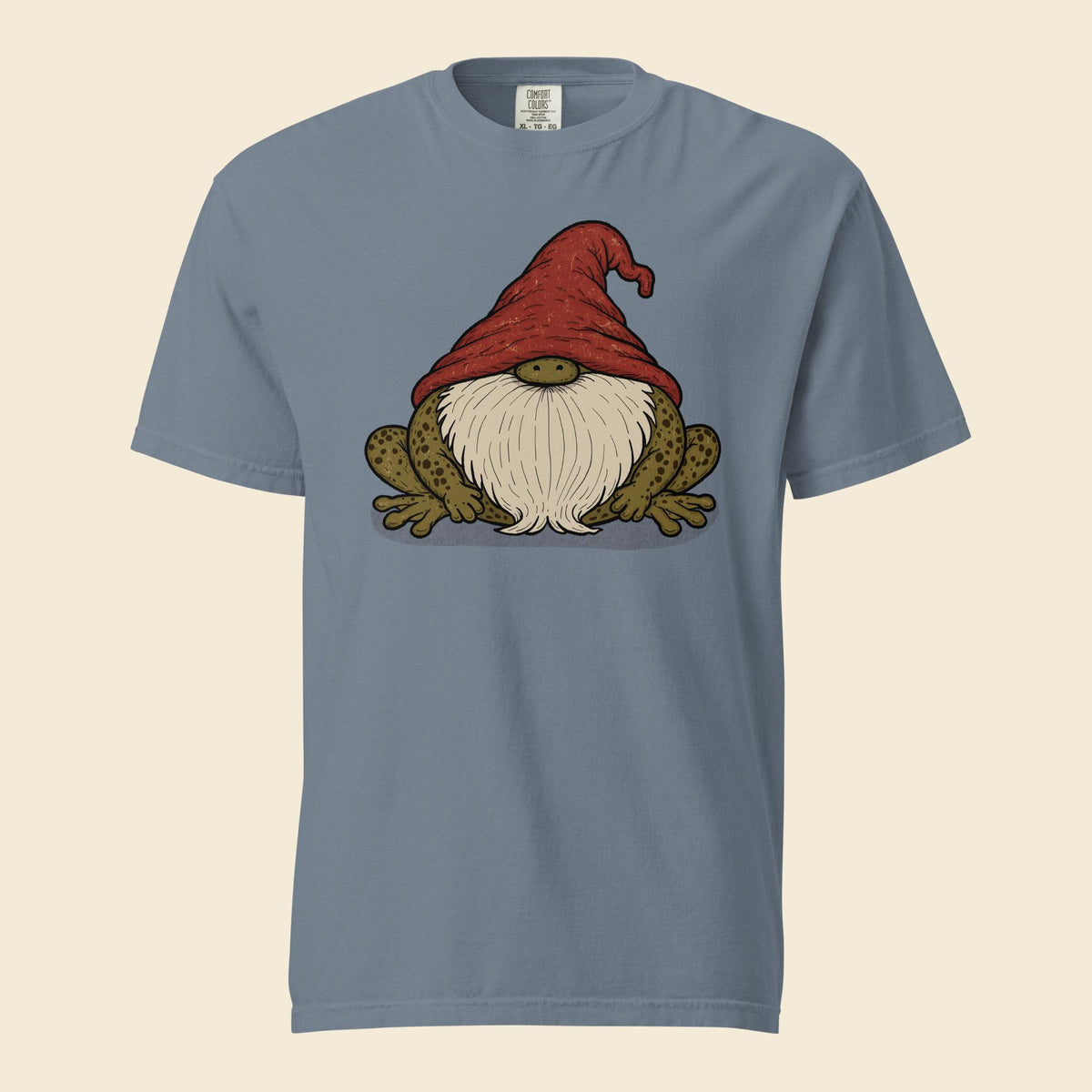 Blue Jean heavyweight T-shirt with Frog Gnome artwork of a gnome in a red hat riding a frog