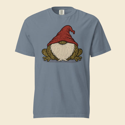 Blue Jean heavyweight T-shirt with Frog Gnome artwork of a gnome in a red hat riding a frog