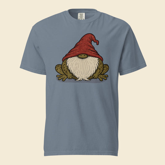 Blue Jean heavyweight T-shirt with Frog Gnome artwork of a gnome in a red hat riding a frog