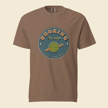 Espresso heavyweight T-shirt with Hooking to Cope crochet badge artwork