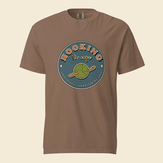 Espresso heavyweight T-shirt with Hooking to Cope crochet badge artwork