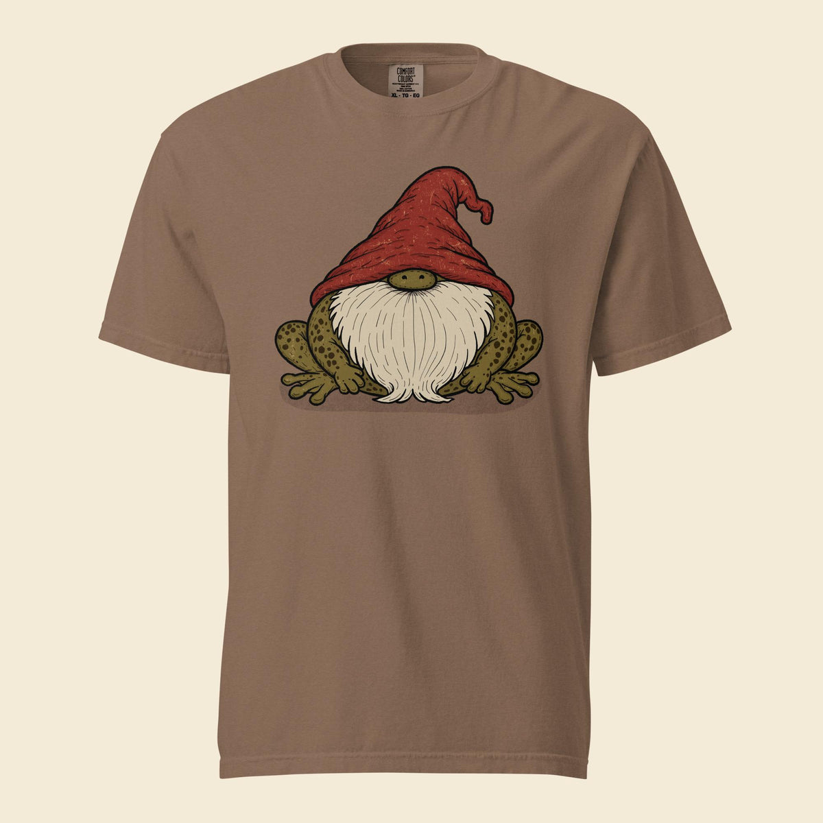Espresso brown heavyweight T-shirt with Frog Gnome artwork of a gnome in a red hat riding a frog