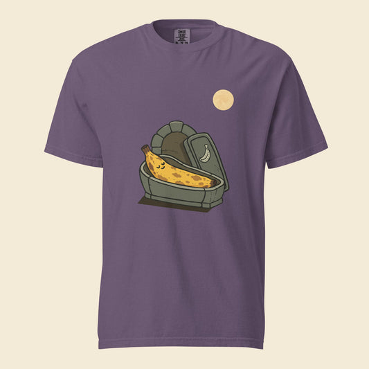 Grape heavyweight T-shirt with Rest In Peel artwork of a banana in a coffin under a full moon