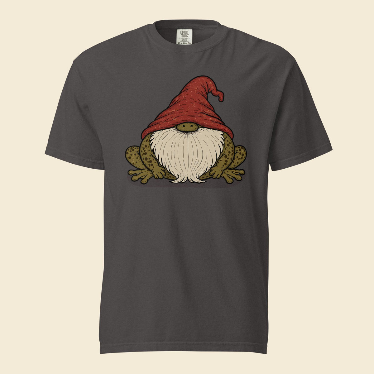 Graphite gray heavyweight T-shirt with Frog Gnome artwork of a gnome in a red hat riding a frog