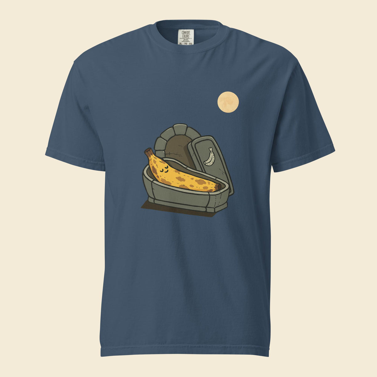 Midnight heavyweight T-shirt with Rest In Peel artwork of a banana in a coffin under a full moon