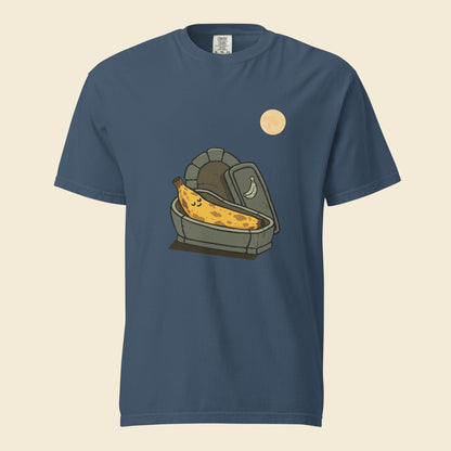 Midnight heavyweight T-shirt with Rest In Peel artwork of a banana in a coffin under a full moon